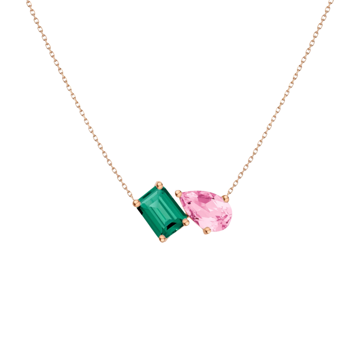 Toi et Moi Gemstone Heirloom Necklace - Green Emerald & Pink Tourmaline 14k Rose Gold First