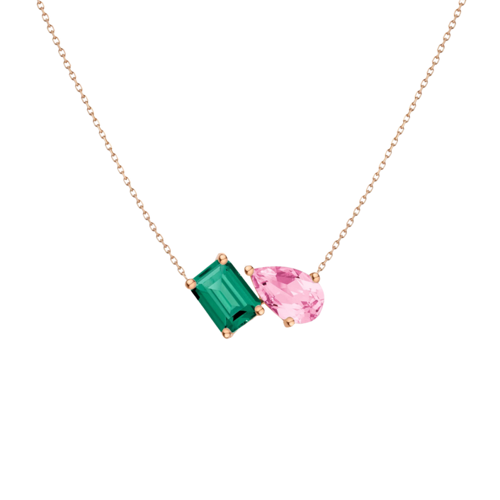 Toi et Moi Gemstone Heirloom Necklace - Green Emerald & Pink Tourmaline 14k Rose Gold First