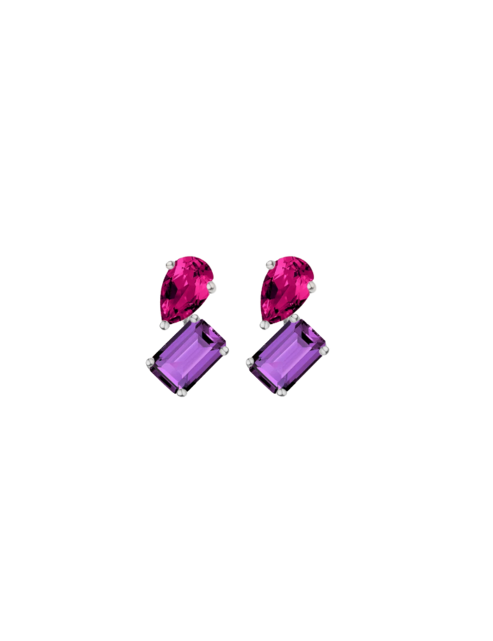 Toi et Moi Gemstone Mini Heirloom Earring - Amethyst & Red Ruby Vermeil White Gold Single First