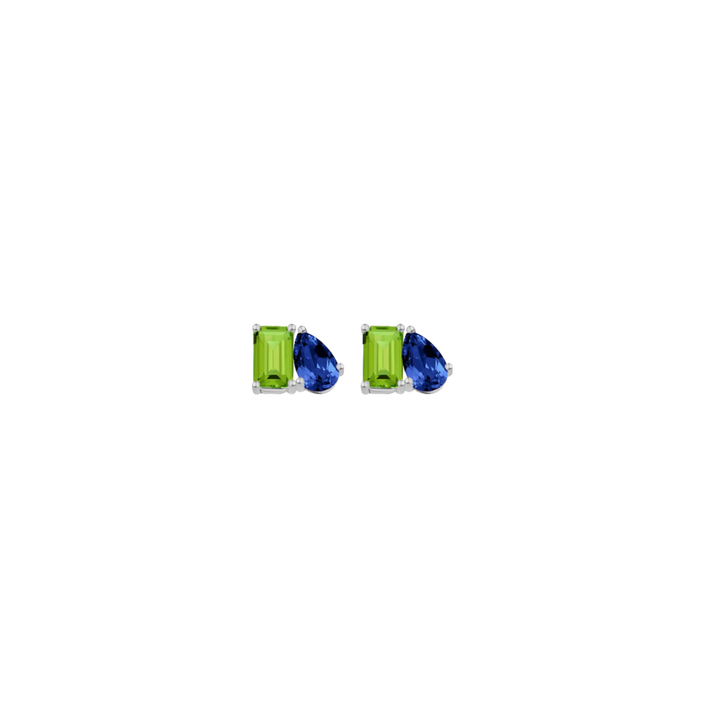 Toi et Moi Gemstone Mini Classic Earring - Peridot & Blue Sapphire 14k White Gold Single First