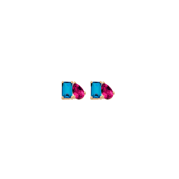 Toi et Moi Gemstone Mini Classic Earring - London Blue Topaz & Red Ruby 14k Yellow Gold Single First