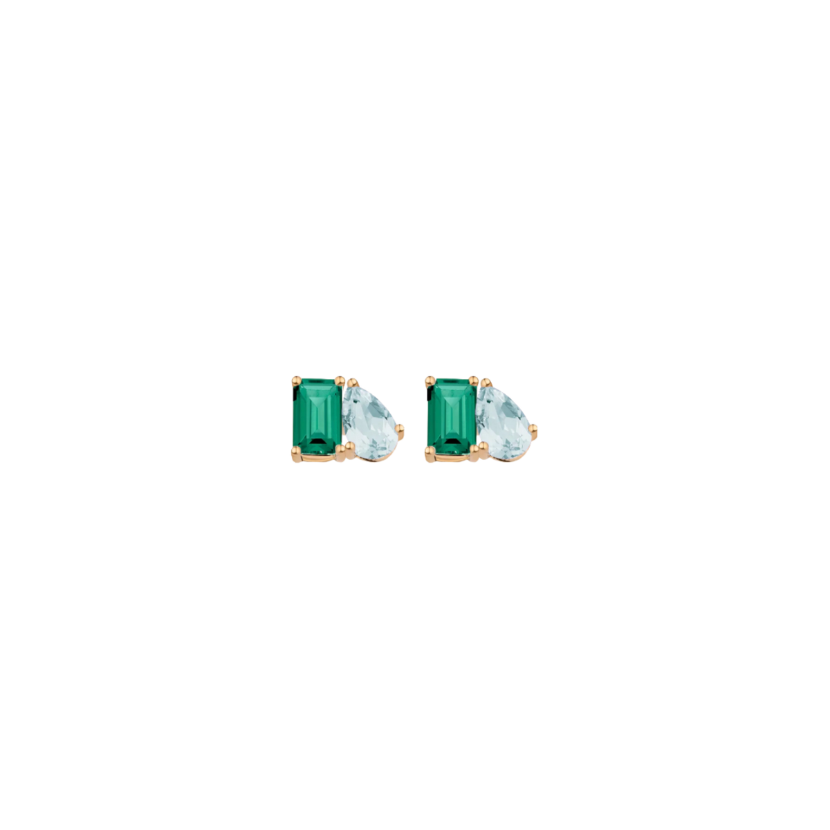 Toi et Moi Gemstone Mini Classic Earring - Green Emerald & Aquamarine 14k Yellow Gold Single First