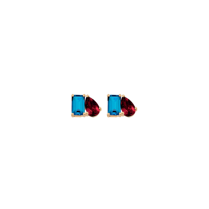 Toi et Moi Gemstone Mini Classic Earring - London Blue Topaz & Garnet Vermeil Yellow Gold Single First