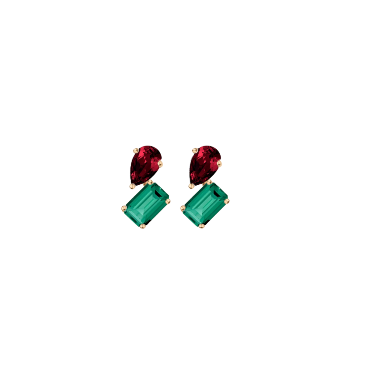 Toi et Moi Gemstone Mini Heirloom Earring - Green Emerald & Red Garnet 14k Yellow Gold Single Pair First