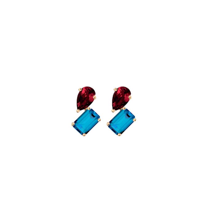 Toi et Moi Gemstone Mini Heirloom Earring - London Blue Topaz & Red Garnet Vermeil Yellow Gold Single Pair First
