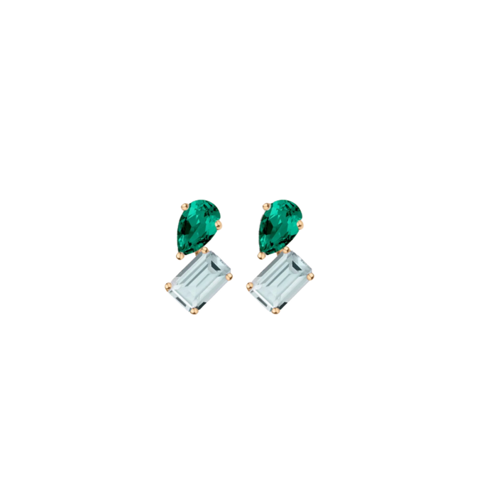 Toi et Moi Gemstone Mini Heirloom Earring - Aquamarine & Green Emerald 14k Yellow Gold Single First