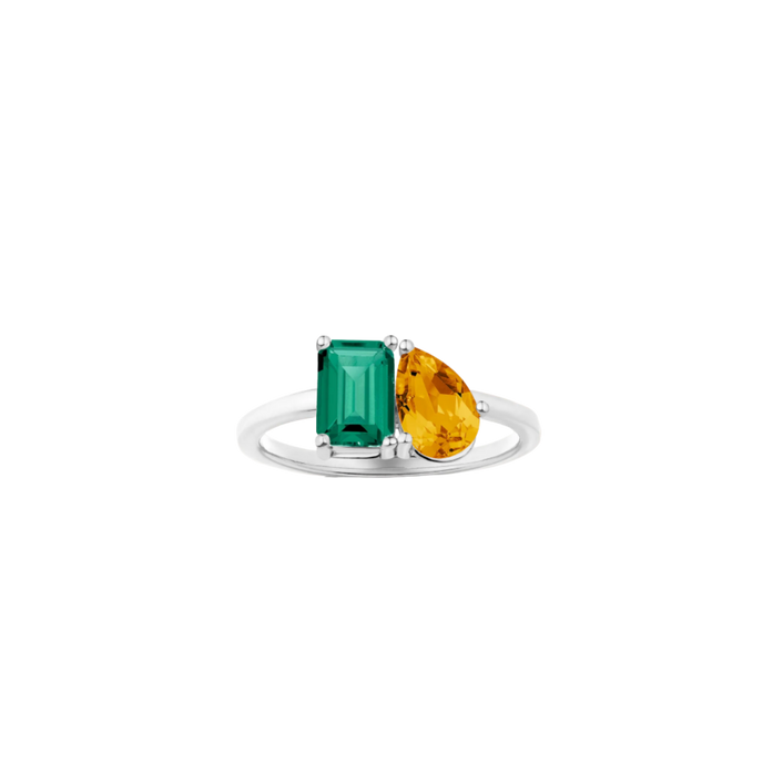 Toi et Moi Gemstone Classic Ring - Green Emerald & Citrine 14k White Gold First