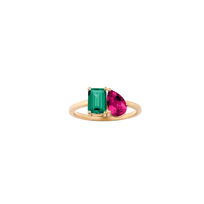 Toi et Moi Gemstone Classic Ring - Green Emerald & Red Ruby 14k Yellow Gold First