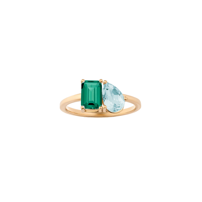 Toi et Moi Gemstone Classic Ring - Green Emerald & Aquamarine Vermeil Yellow Gold First