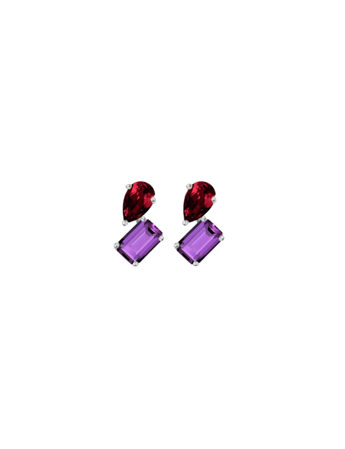 Toi et Moi Gemstone Mini Heirloom Earring - Amethyst & Garnet Vermeil White Gold Single First
