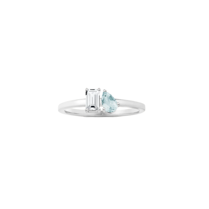 Toi et Moi Gemstone Mini Classic Ring - White Topaz & Aquamarine Vermeil White Gold First