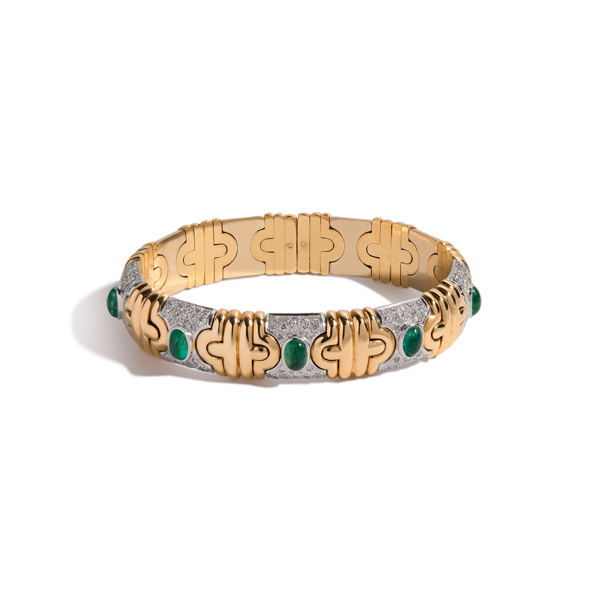 Vintage Diamond and Green Emerald Gold Cuff Bracelet 14k Yellow Gold 6in First