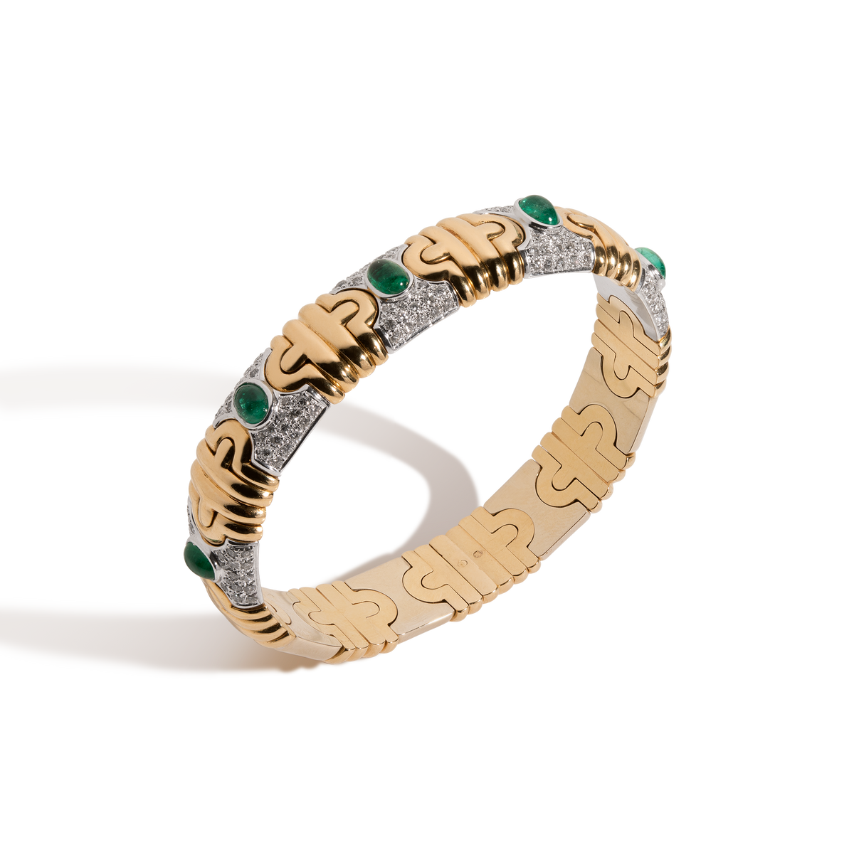 Vintage Diamond and Green Emerald Gold Cuff Bracelet 14k Yellow Gold 6in