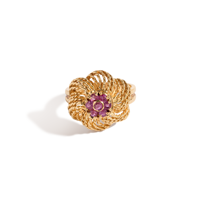 Vintage Red Ruby Flower Ring 18k Yellow Gold First