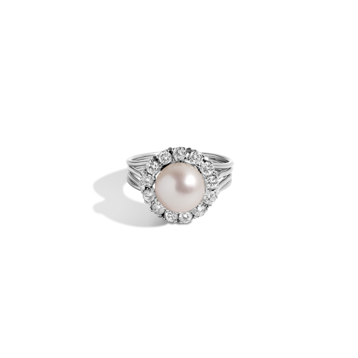 Vintage Estate Diamond and Pearl Ring 14k White Gold First