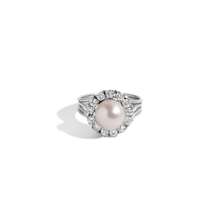 Vintage Estate Diamond and Pearl Ring 14k White Gold First