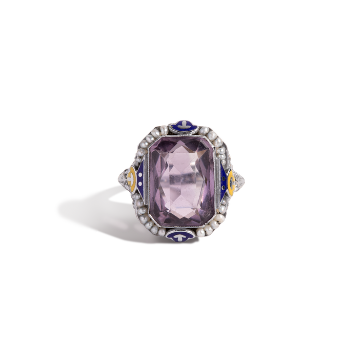 Vintage Art Deco Purple Amethyst and Pearl Ring 10k White Gold First