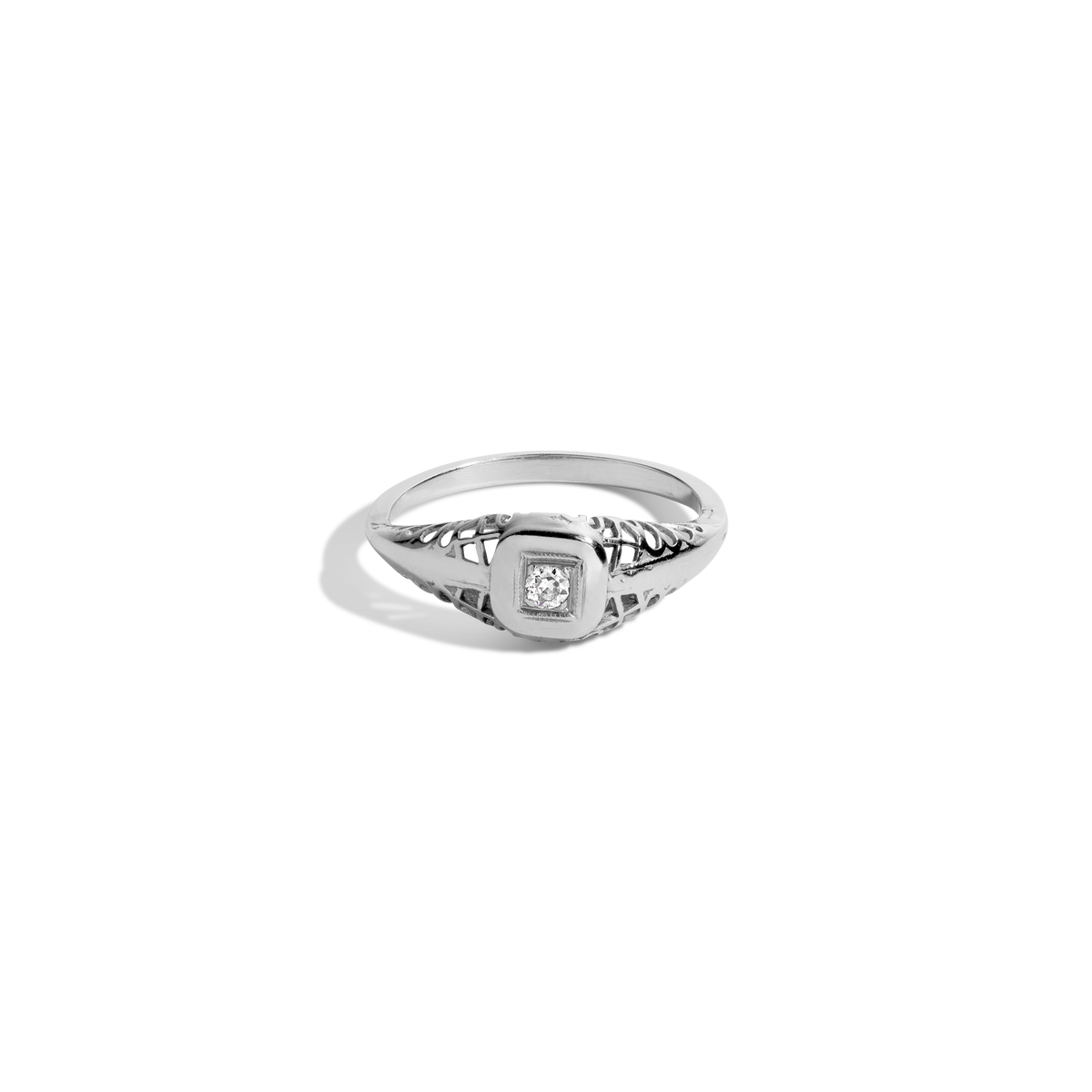 Antique Old European Cut Diamond Square Ring Platinum White Gold First
