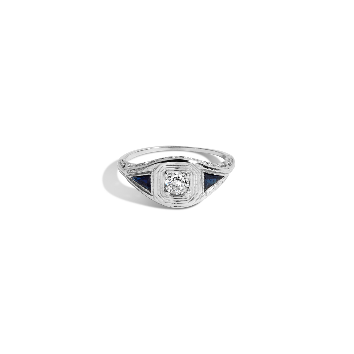 Antique Old European Cut Diamond and Blue Sapphire Ring Platinum White Gold First