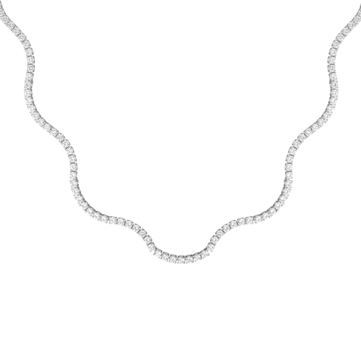 Lab Grown White Sapphire Wave Tennis Necklace Vermeil White Gold 16in First