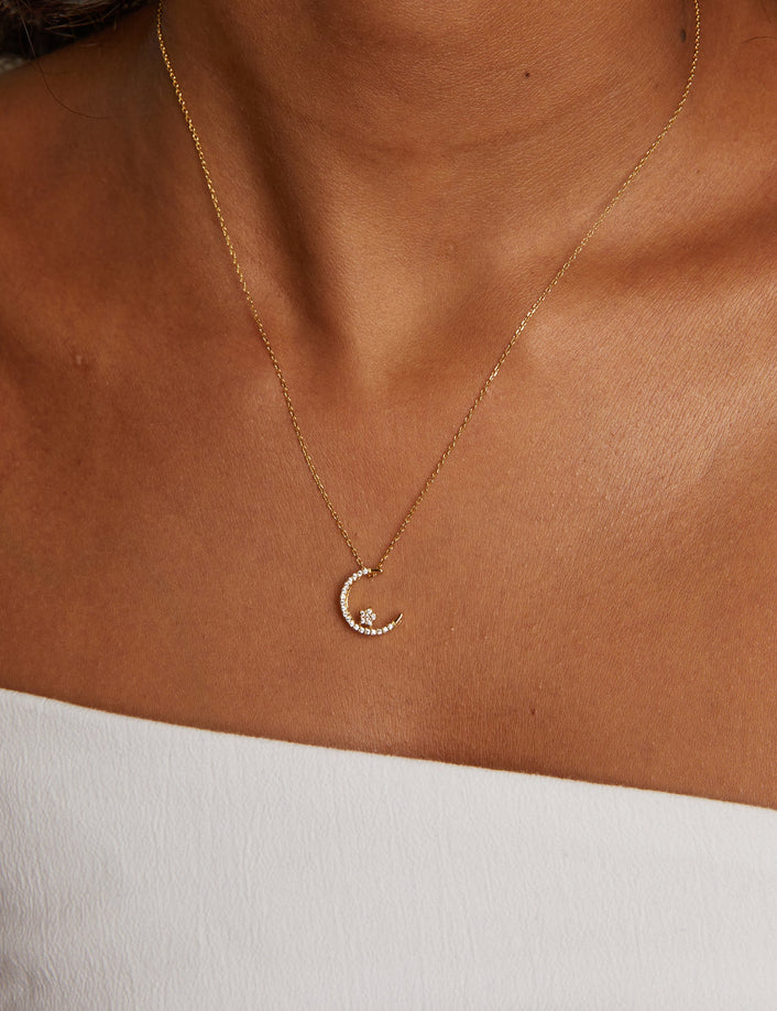 Lab Grown Diamond Crescent Moon and Star Necklace