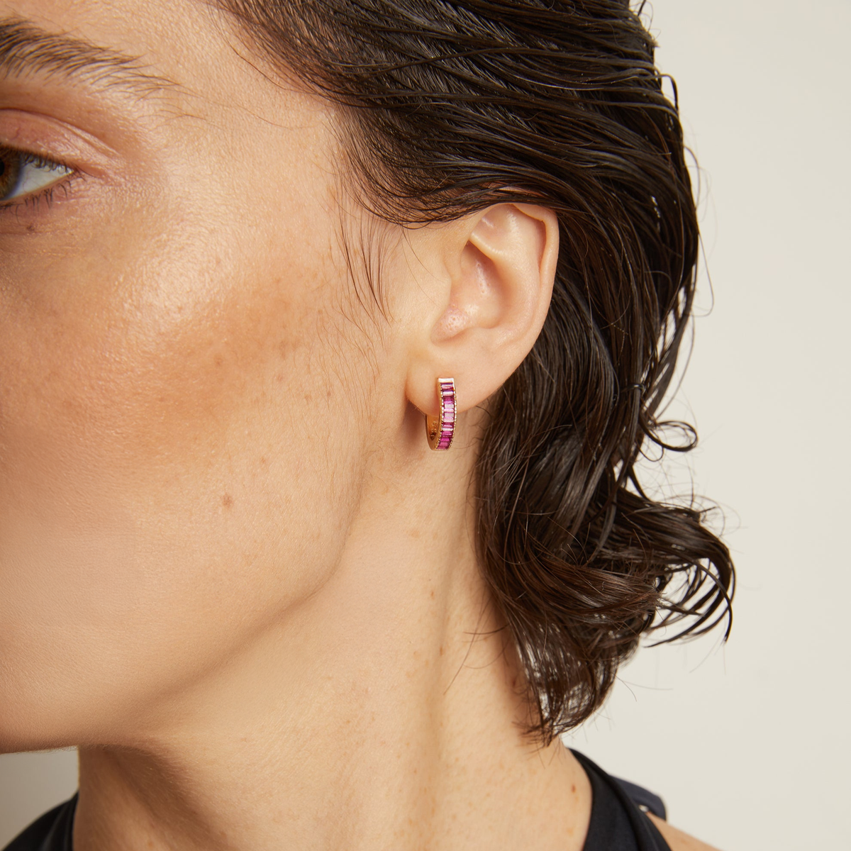 Lab Grown Red Ruby Baguette Huggie Earrings