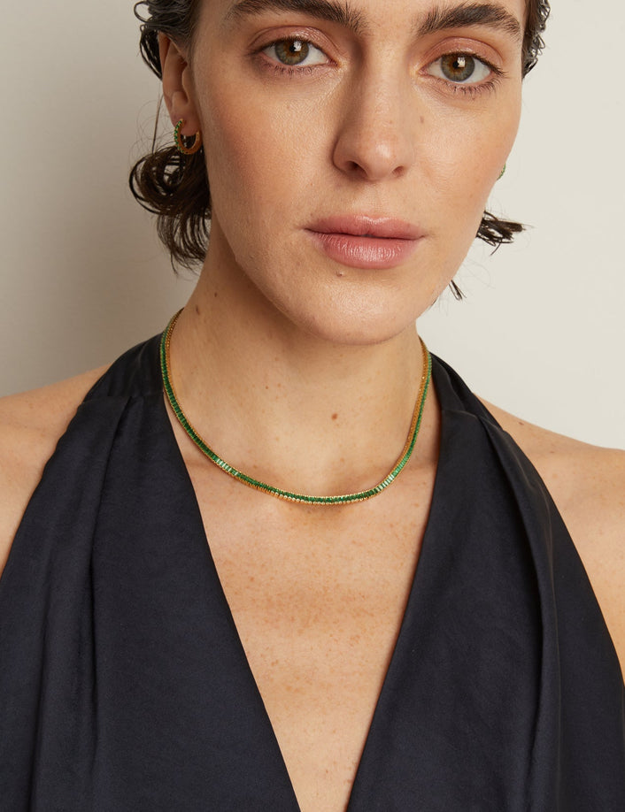 Lab Grown Green Emerald Baguette Tennis Necklace