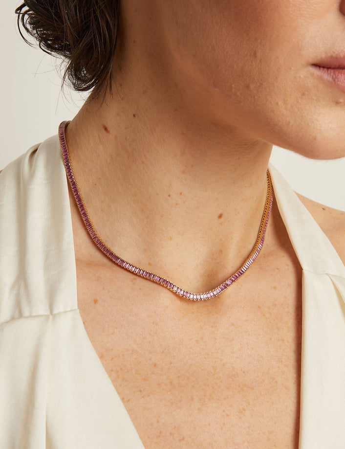 Lab Grown Pink Sapphire Baguette Tennis Necklace