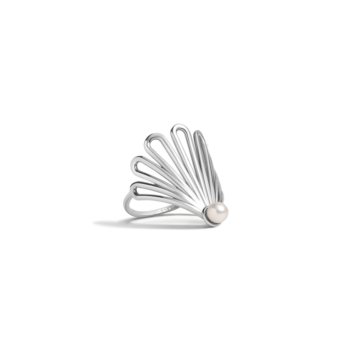 Deco Fan Pearl Ring White Gold Vermeil 14K 18K