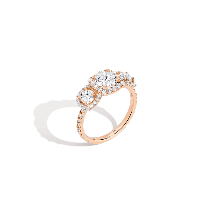 Pavé Round Tri-Diamond Ring 14K 18K Platinum Rose Gold Lab-grown Natural First