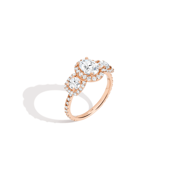 Pavé Oval Cut Tri-Diamond Ring 14K 18K Platinum Rose Gold Lab-grown Natural First