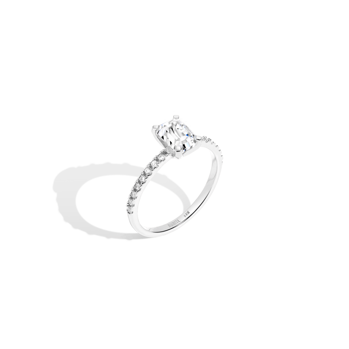 Pav Emerald Cut Solitaire Diamond Ring in Yellow Rose or White Gold