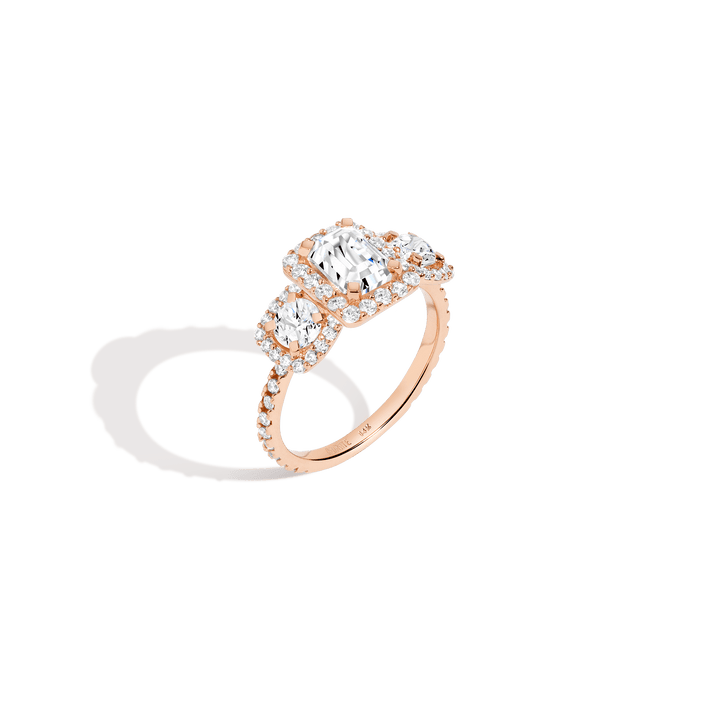 Pavé Emerald Tri-Diamond Ring 14K 18K Platinum Rose Gold Lab-grown Natural First