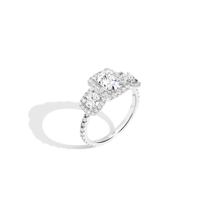 Pavé Emerald Tri-Diamond Ring 14K 18K Platinum White Gold Lab-grown Natural First