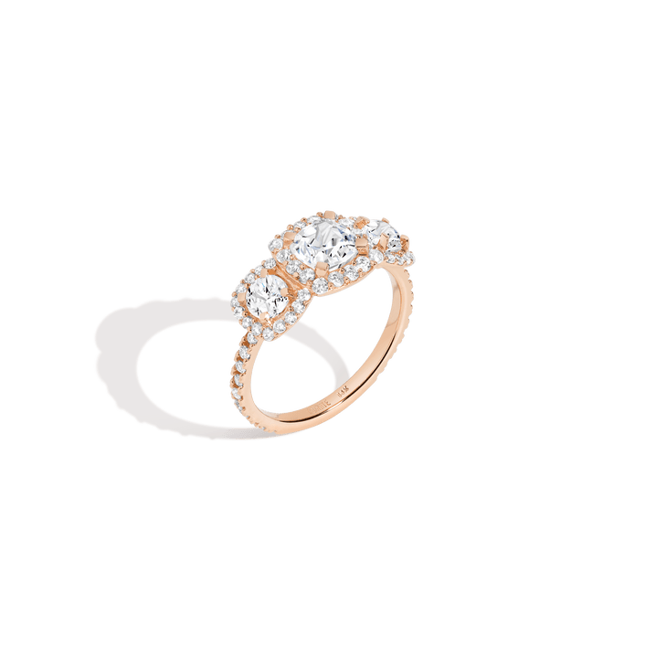 Pavé Cushion Cut Tri-Diamond Ring 14K 18K Platinum Rose Gold Lab-grown Natural First