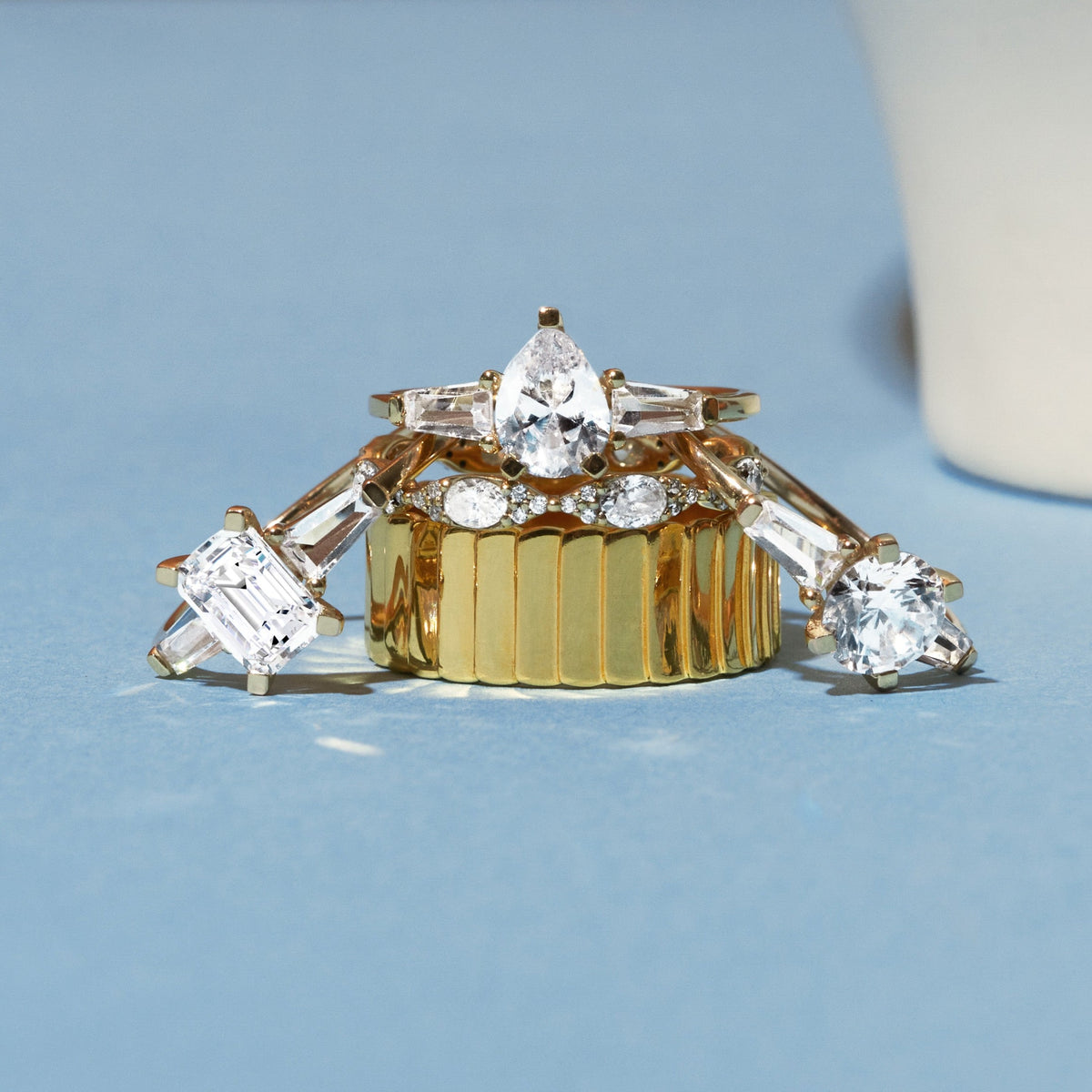 Pear Cut Tapered Baguette Diamond Ring in Yellow Rose or White Gold