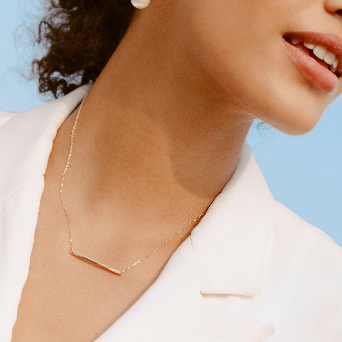 Gold Bar Necklace With Diamonds Lifestyle Model