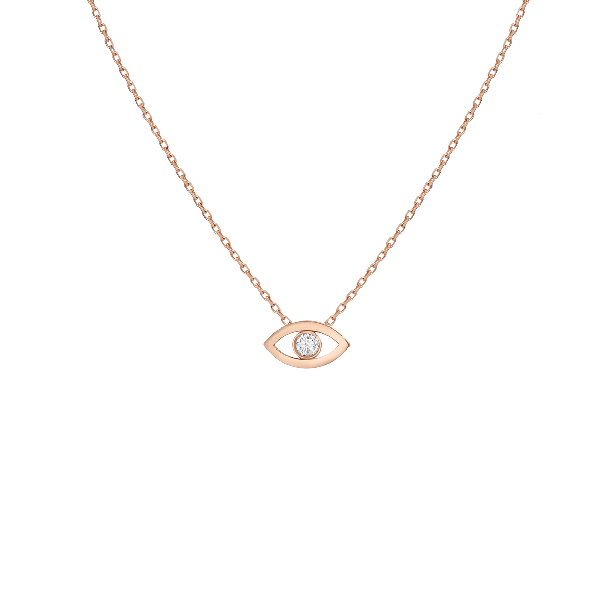 Diamond Bezel Evil Eye Necklace Rose Gold Vermeil 14K Rose Gold 18K Rose Gold White Diamonds First