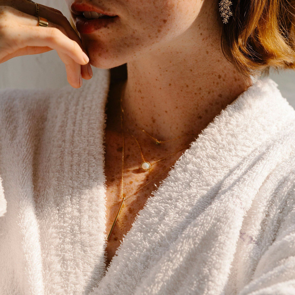 Long Gold Bar Drop Necklace Lifestyle Model