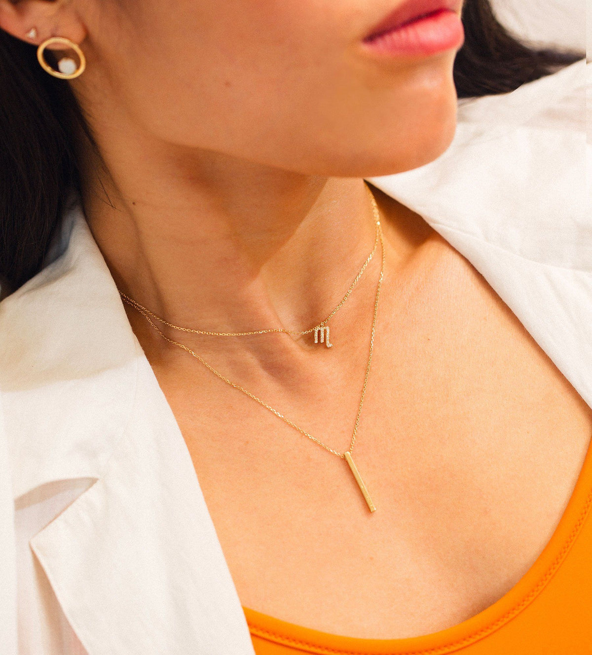 Short Gold Bar Drop Necklace Lifestyle Model