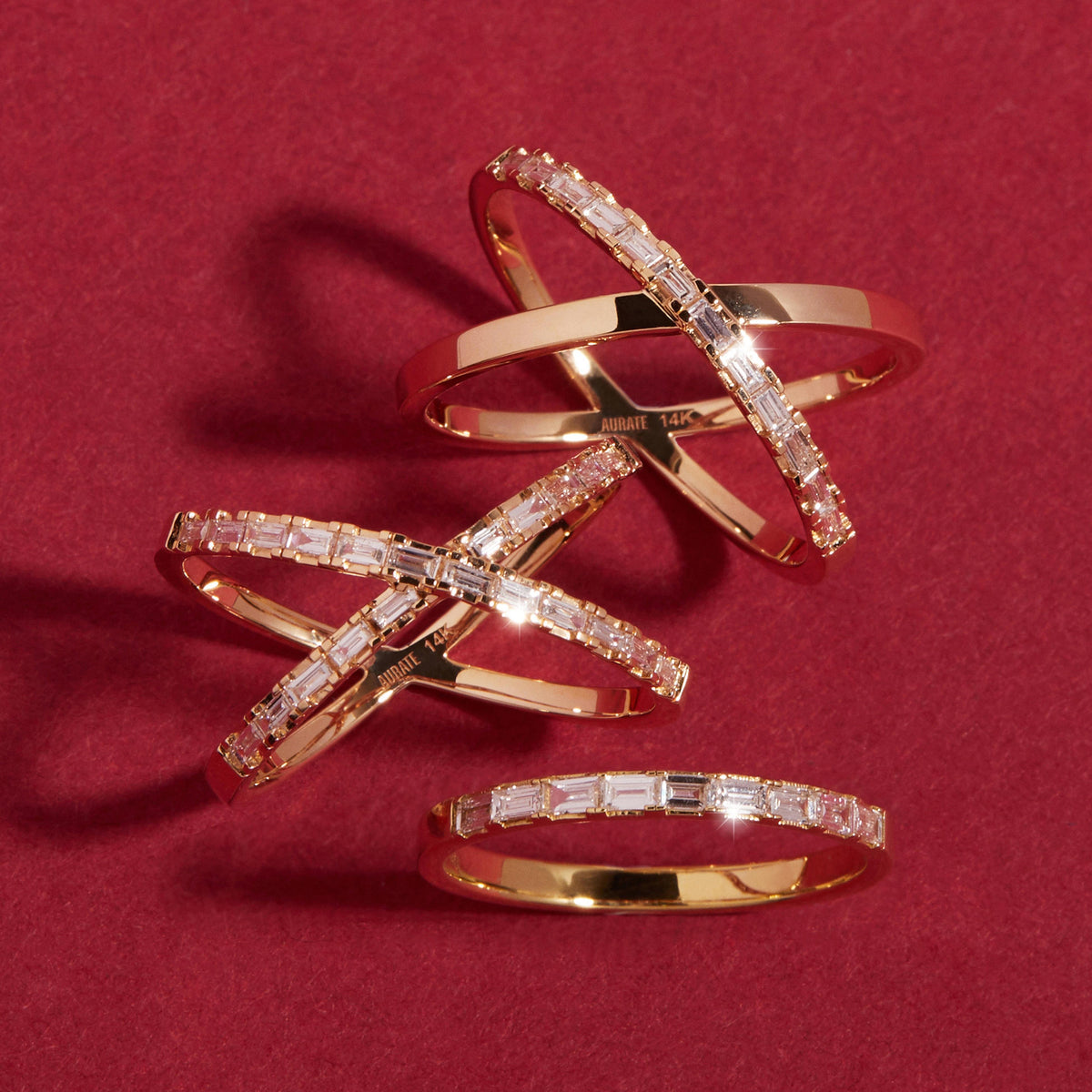 Diamond Baguette X Ring in Yellow, Rose or White Gold