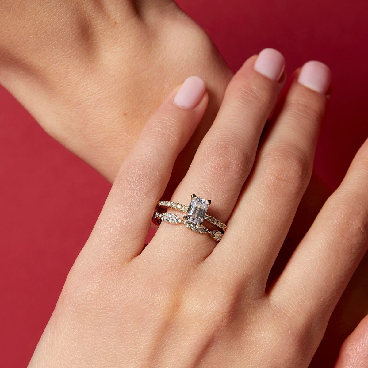 Pavé Emerald Cut Solitaire Diamond Ring in Yellow, Rose or White Gold